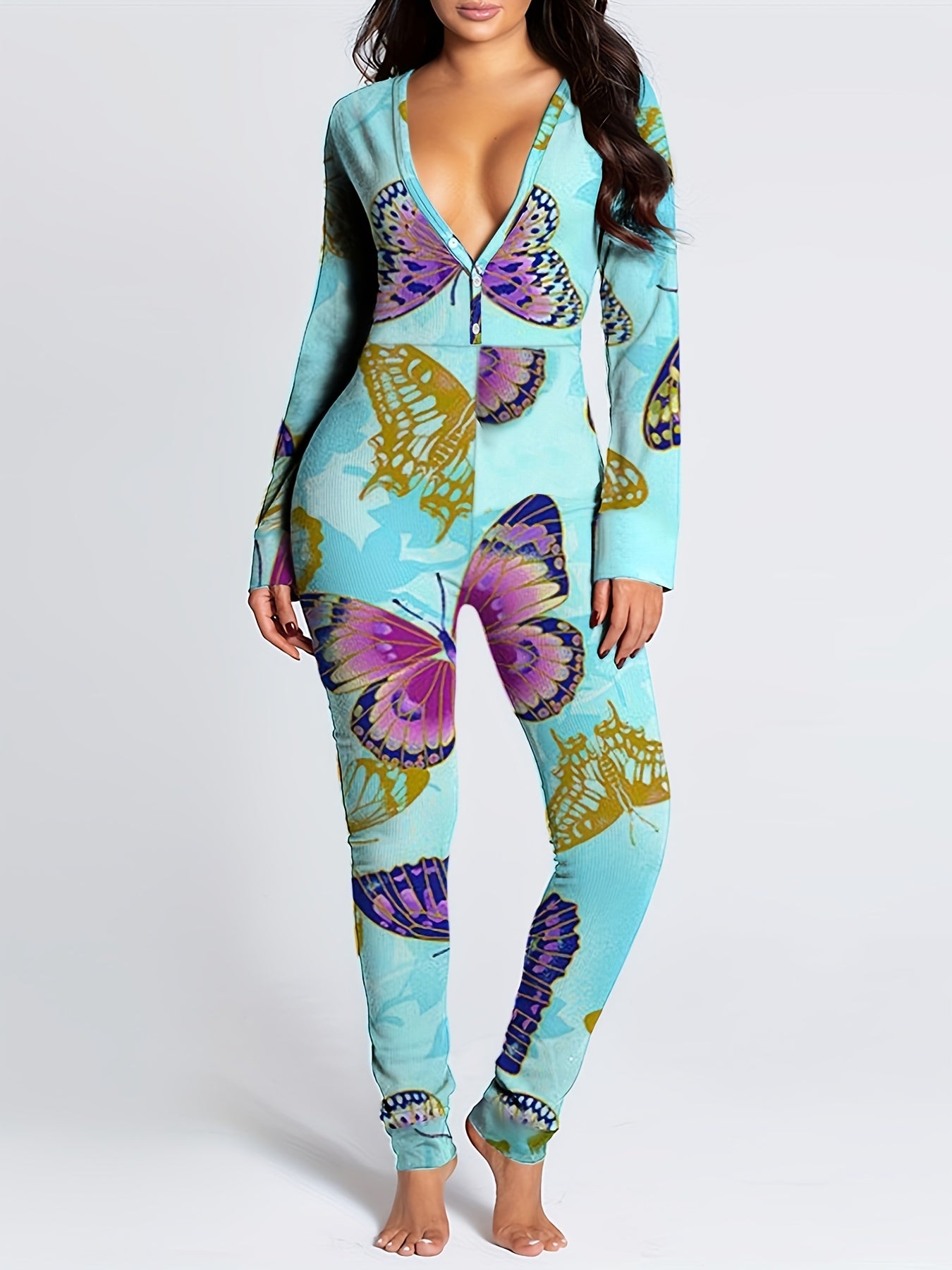  Butterfly Print V Neck Long Sleeve Jumpsuit