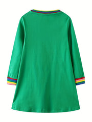 Girls' Thanksgiving Applique Dress, Green Cat Cartoon, 2-8Y