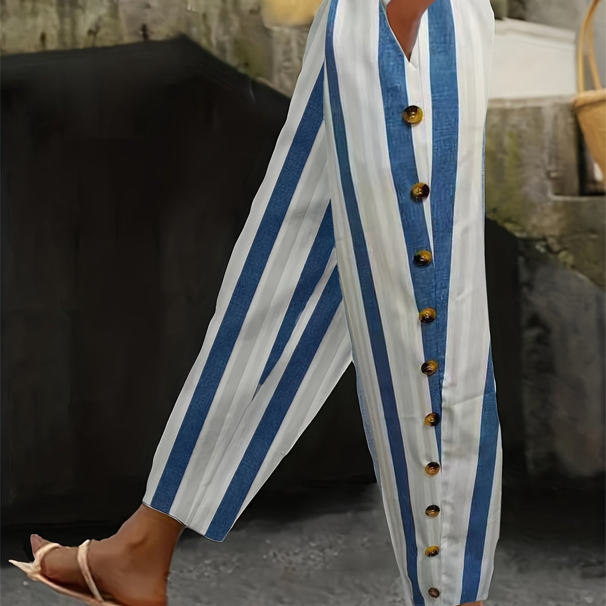  Striped Print Side Trousers With Pockets