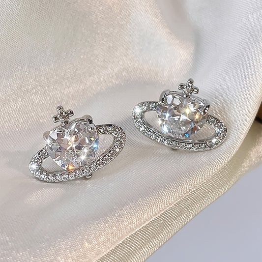 Zircon Love Planet Stud Earrings Women Girls Gift