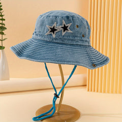 Rhinestone Pentagram Denim Bucket Hat Distressed Sun Hat Boonie Hats