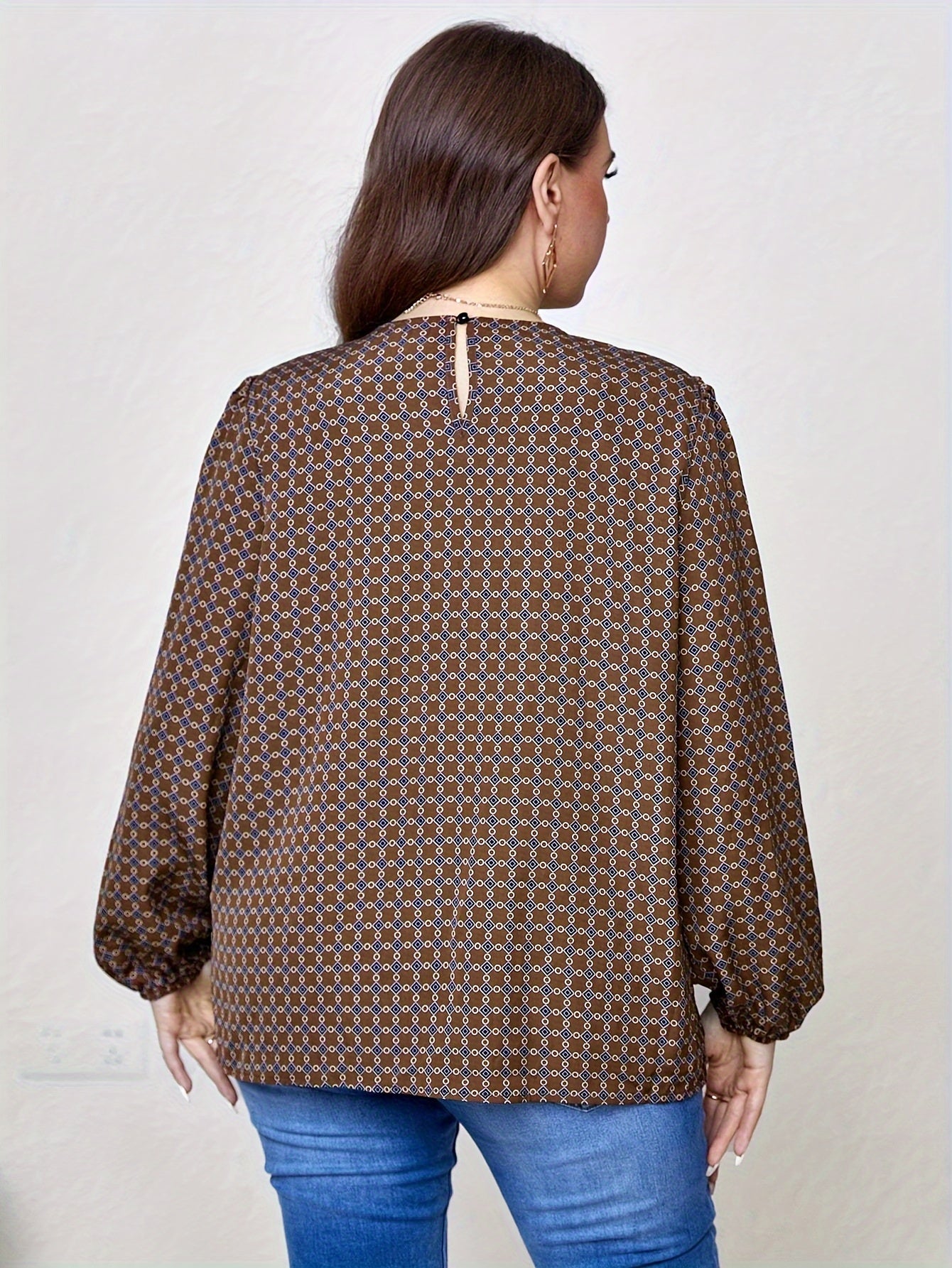  Casual Blouse Women's Plus Allover Print Lantern Sleeve