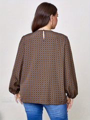  Casual Blouse Women's Plus Allover Print Lantern Sleeve