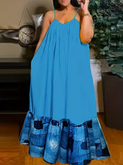 Plus Size Colorblock Denim Print Maxi Cami Dress