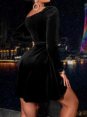 Velvet Surplice Neck Plus Size Dress Long Sleeve Medium Stretch