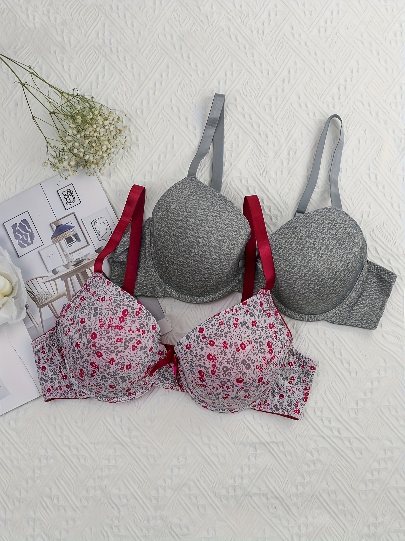 2 Pack Plus Size Bra Set Women's Plus Ditsy Floral Print