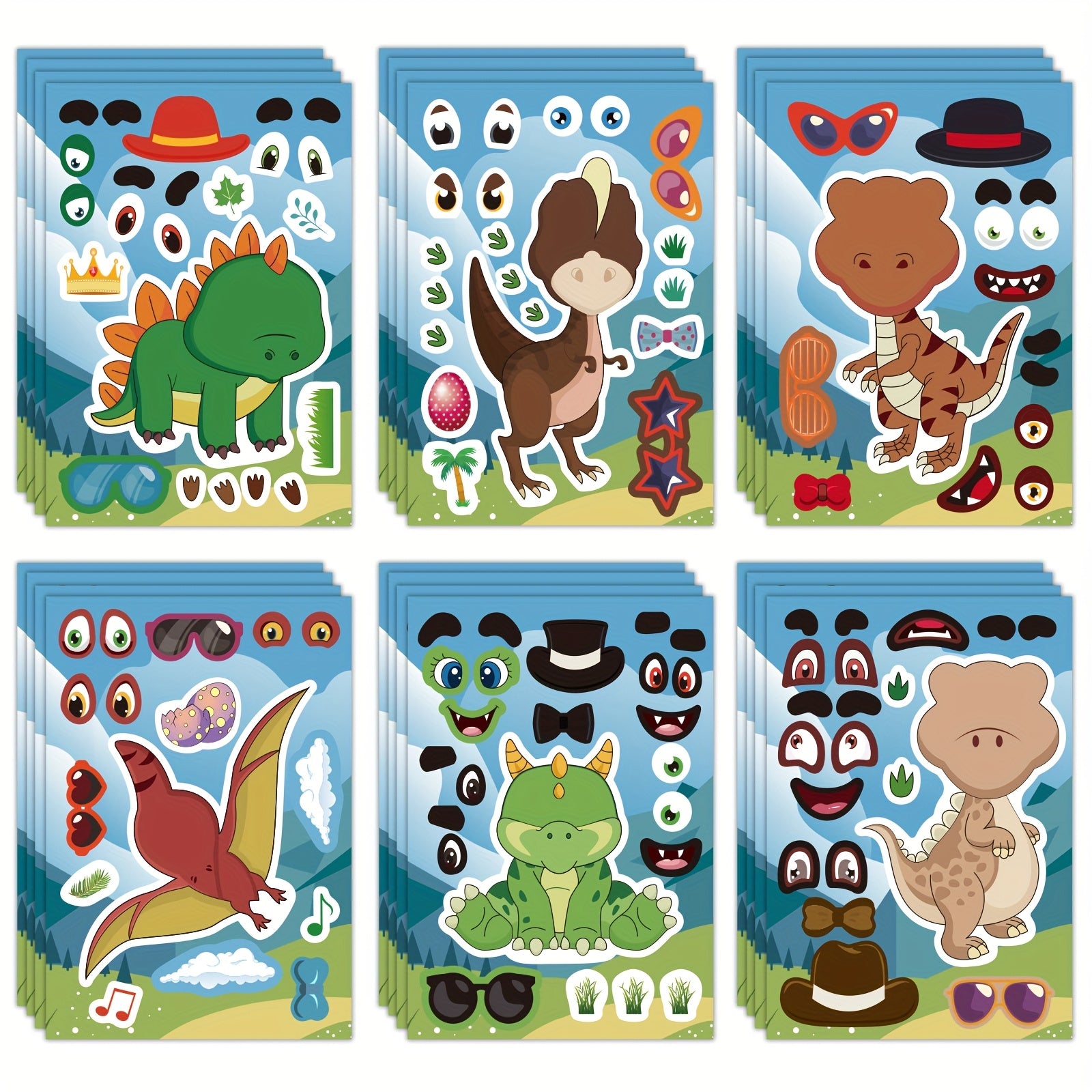 Cartoon Dinosaur Face Decal Sticker Set - 6pcs 12pcs Disposable