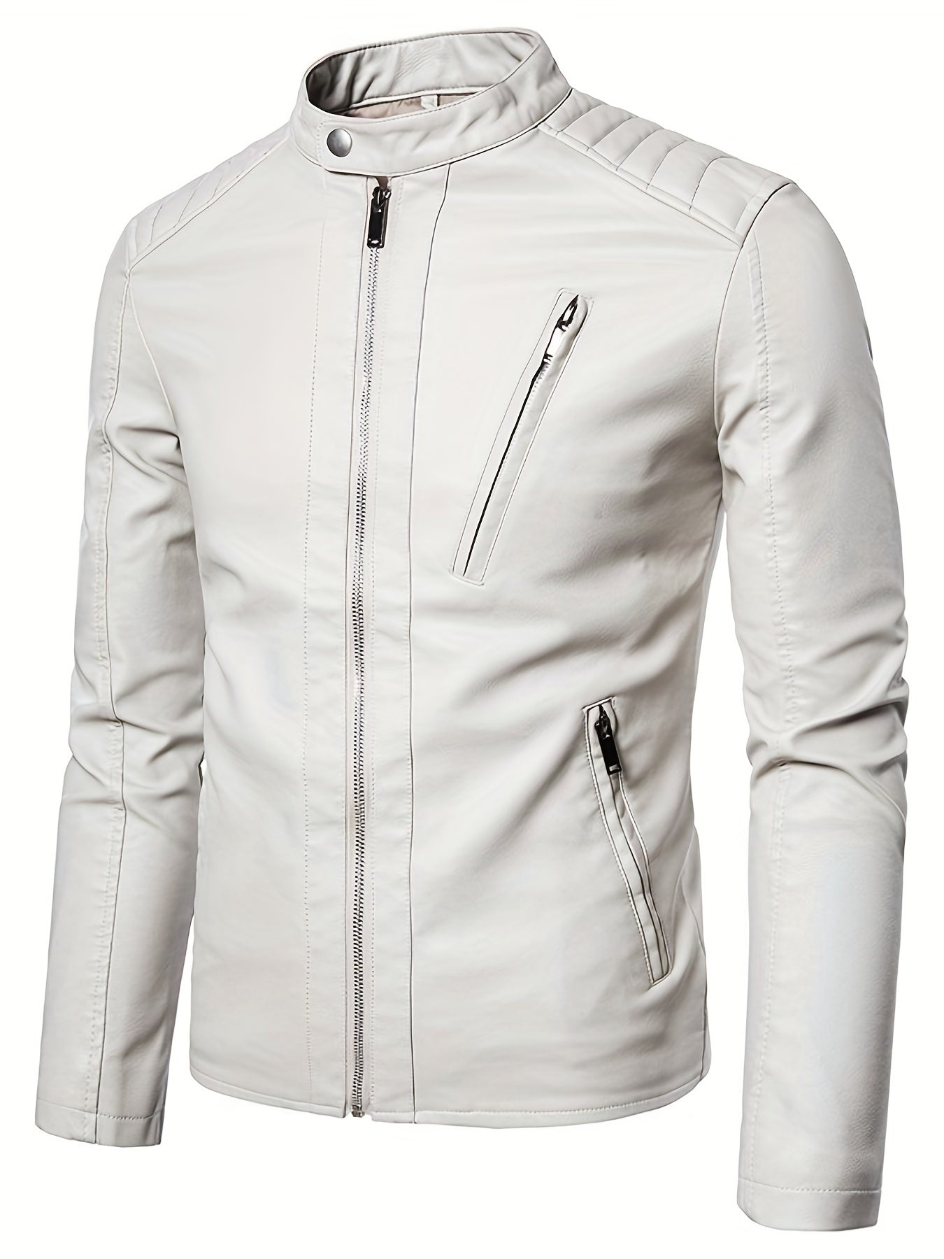Men's Casual PU Biker Jacket Stand Collar Zipper Pocket Faux Leather Jacket Coat