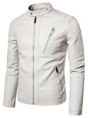Men's Casual PU Biker Jacket Stand Collar Zipper Pocket Faux Leather Jacket Coat