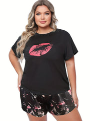 Kiss Print Tee & Satin Floral Shorts Pajama Set