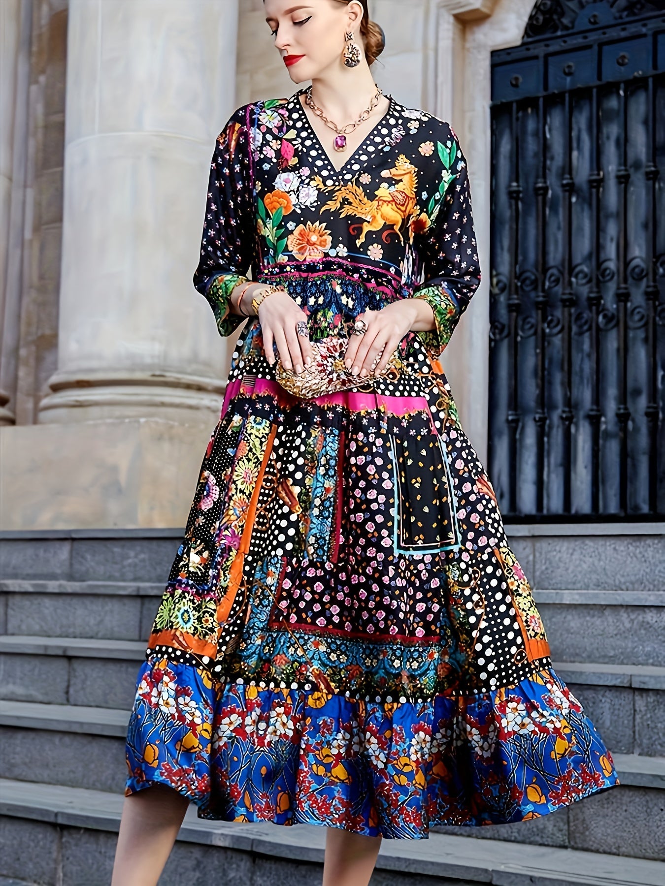  Boho Dress Womens Printed V Neck Midi Dress