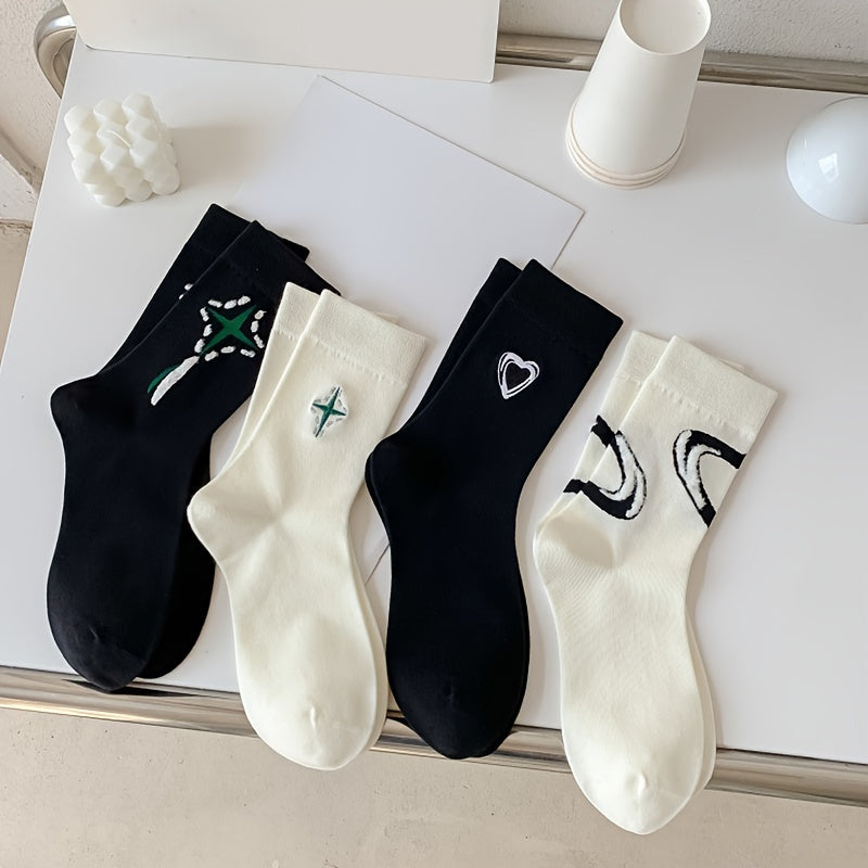 4 Pairs Heart & Cross Print Mid Tube Socks Women's Stockings