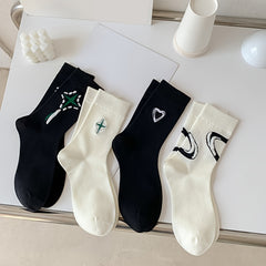 4 Pairs Heart & Cross Print Mid Tube Socks Women's Stockings