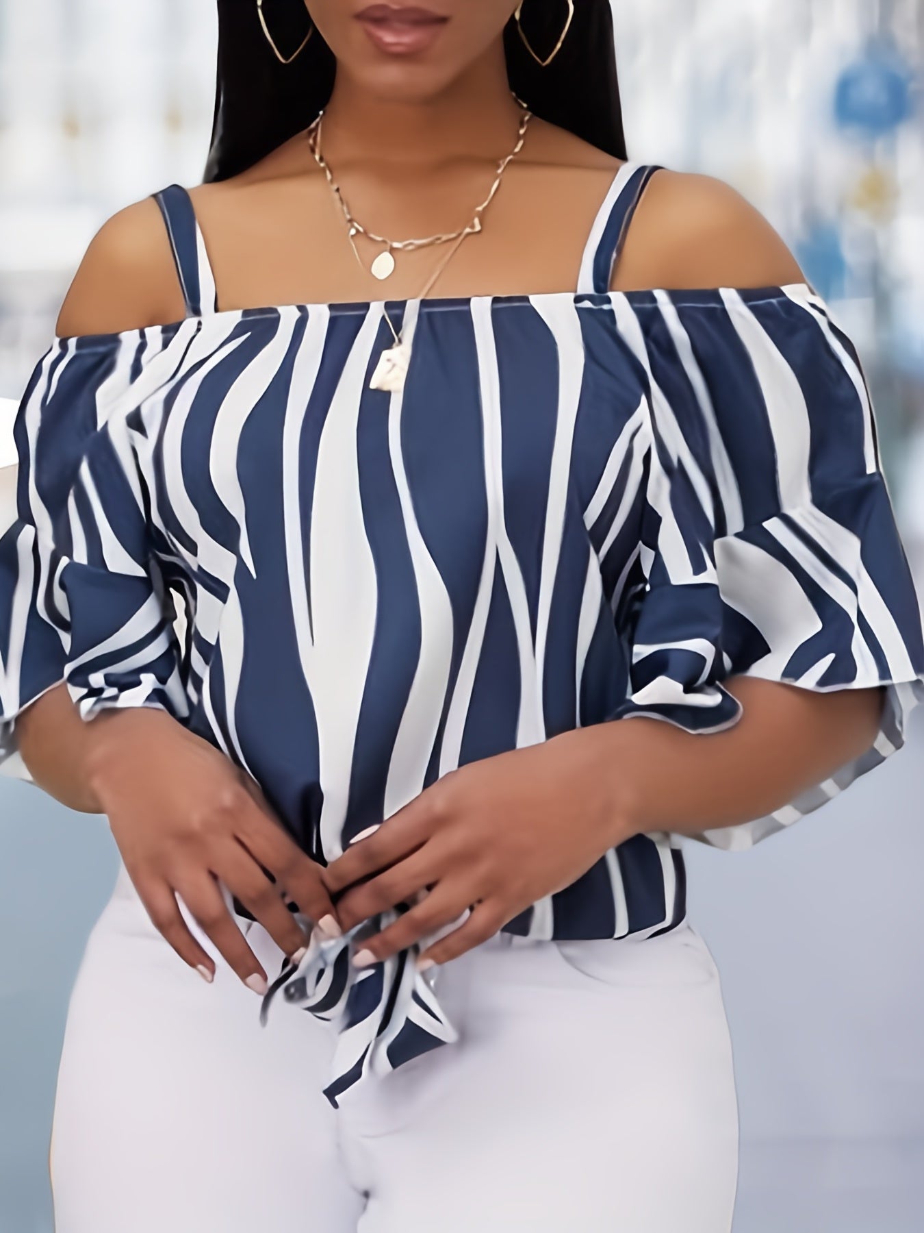  Stripe Print Ruffle Trim Cold Shoulder Knot Front Top