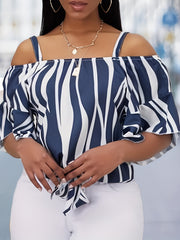  Stripe Print Ruffle Trim Cold Shoulder Knot Front Top