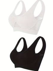 2 Pack Plus Size Sports Bra Set Women's Plus Solid Hollow Mesh Breathable
