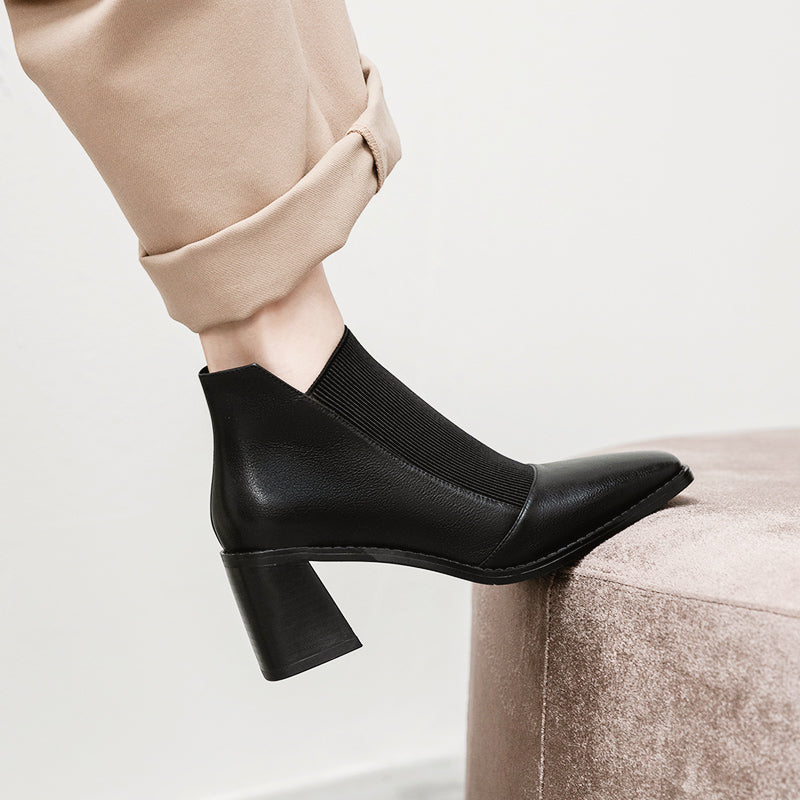 Women's Chunky Heel Ankle Boots Square Toe Knitted Slip On High Heels