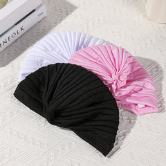 3pcs Set Satin Pleated Turban Cap Solid Head Wraps Elastic Bonnet Head Scarf