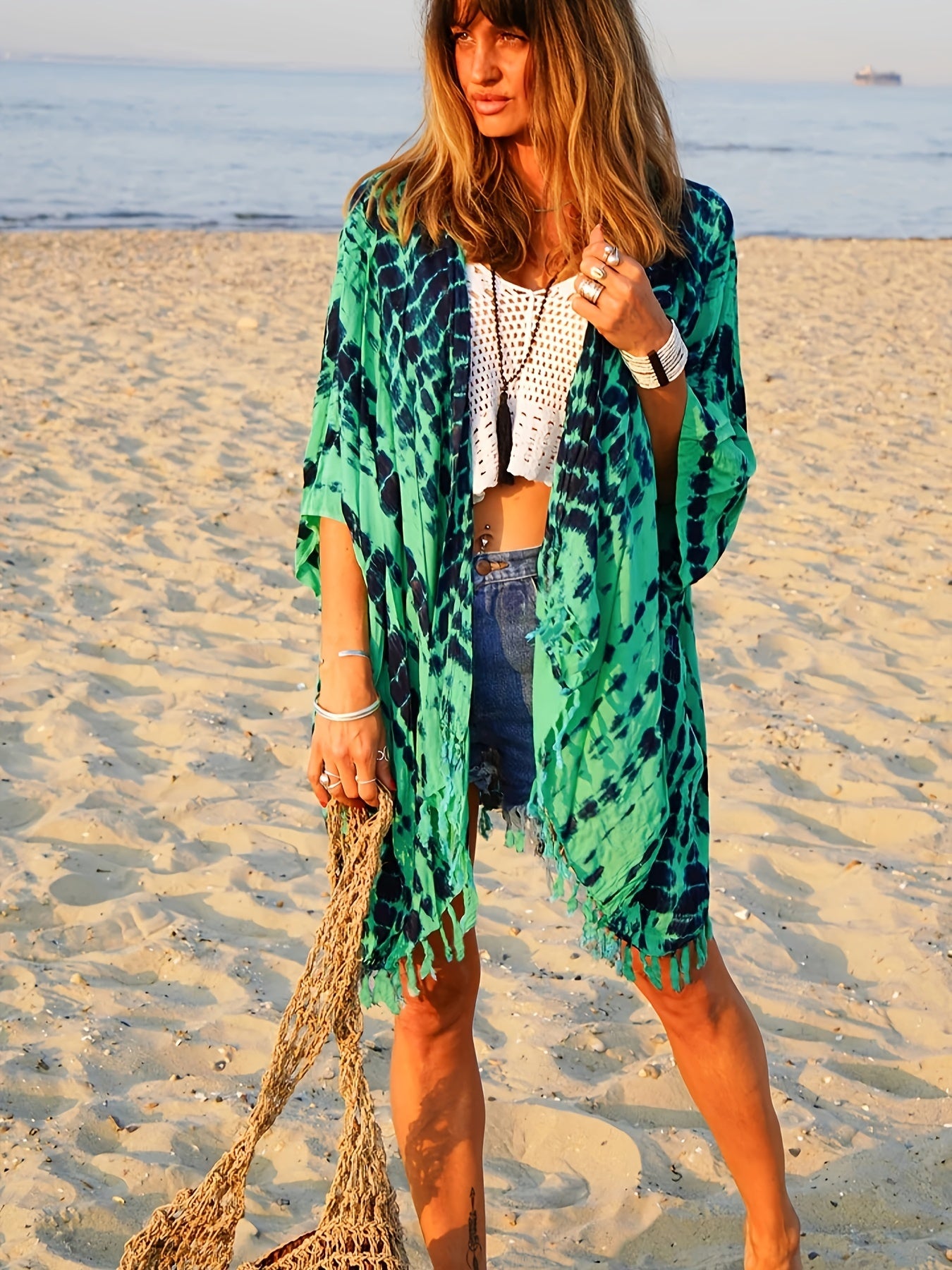 Tie Dye Print Tassel Trim Open Front Cover Up Cardigan Loose Fit