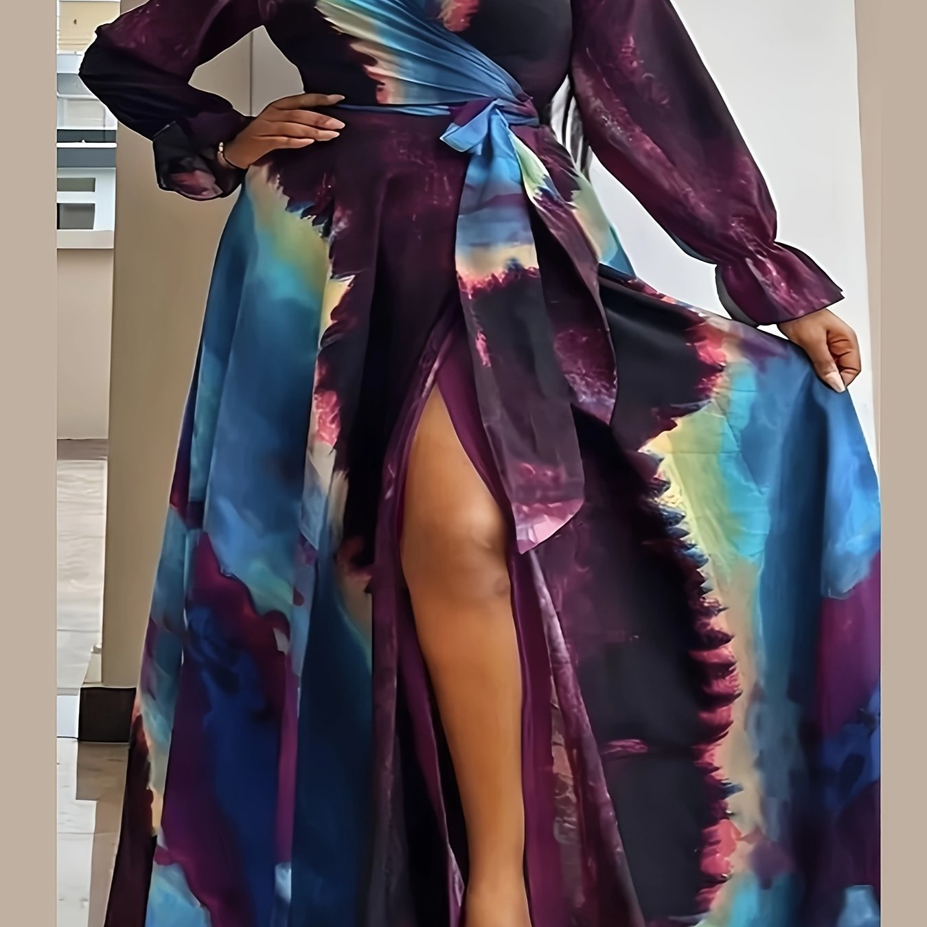  Tie Dye Lantern Sleeve Maxi Wrap Dress