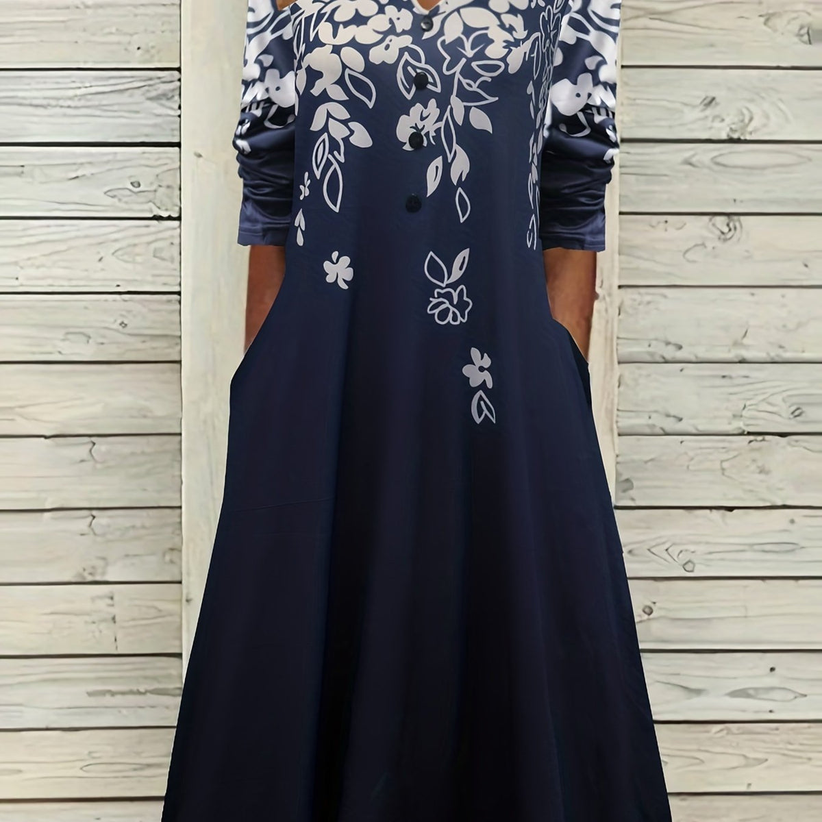  Floral Print Long Sleeve Maxi Dress With Pockets