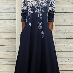  Floral Print Long Sleeve Maxi Dress With Pockets