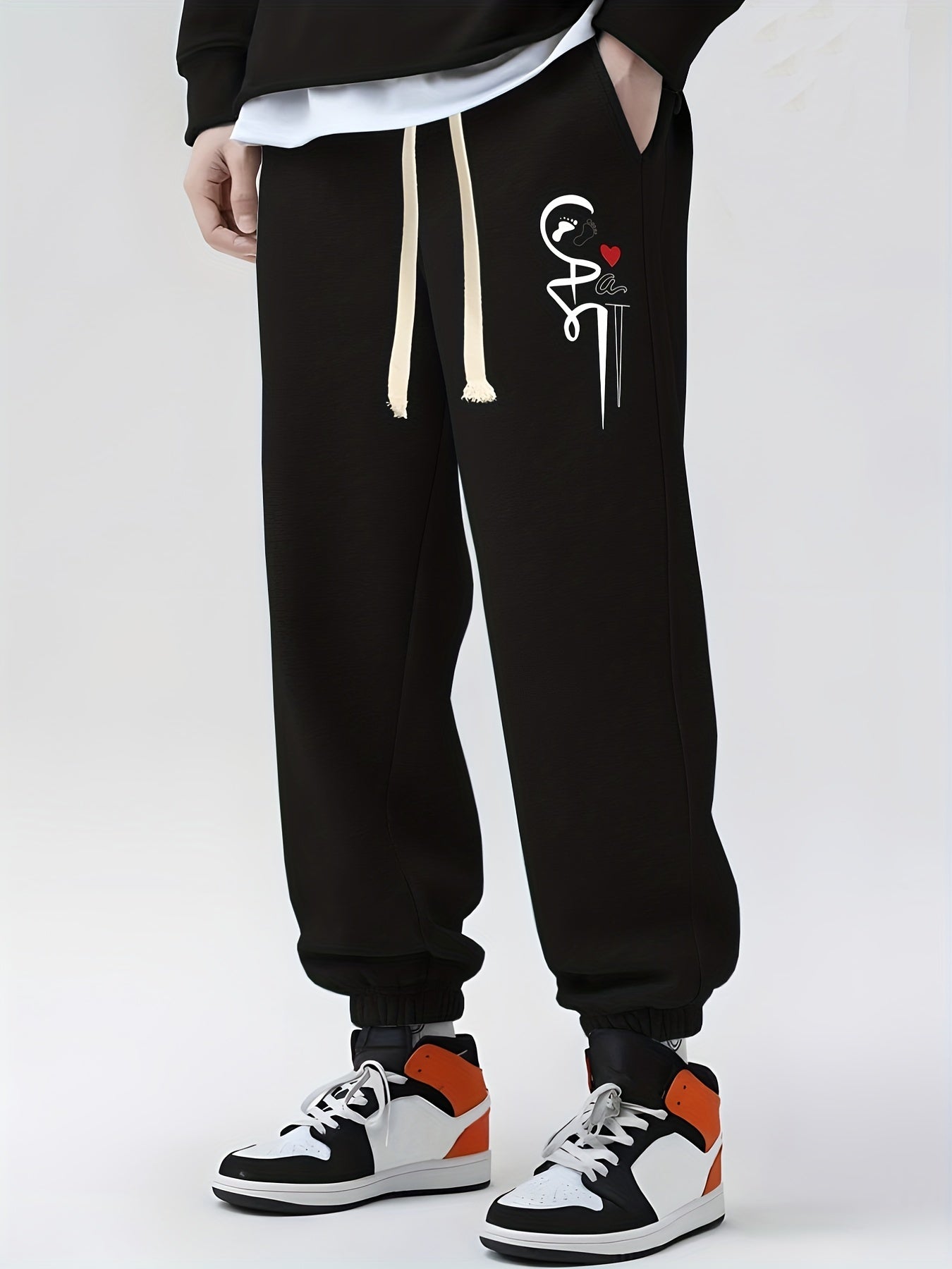 Heart & Footprint Print Drawstring Sweatpants Loose Fit
