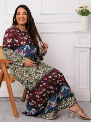  Colorblock Floral Print Long Sleeve Maxi Dress