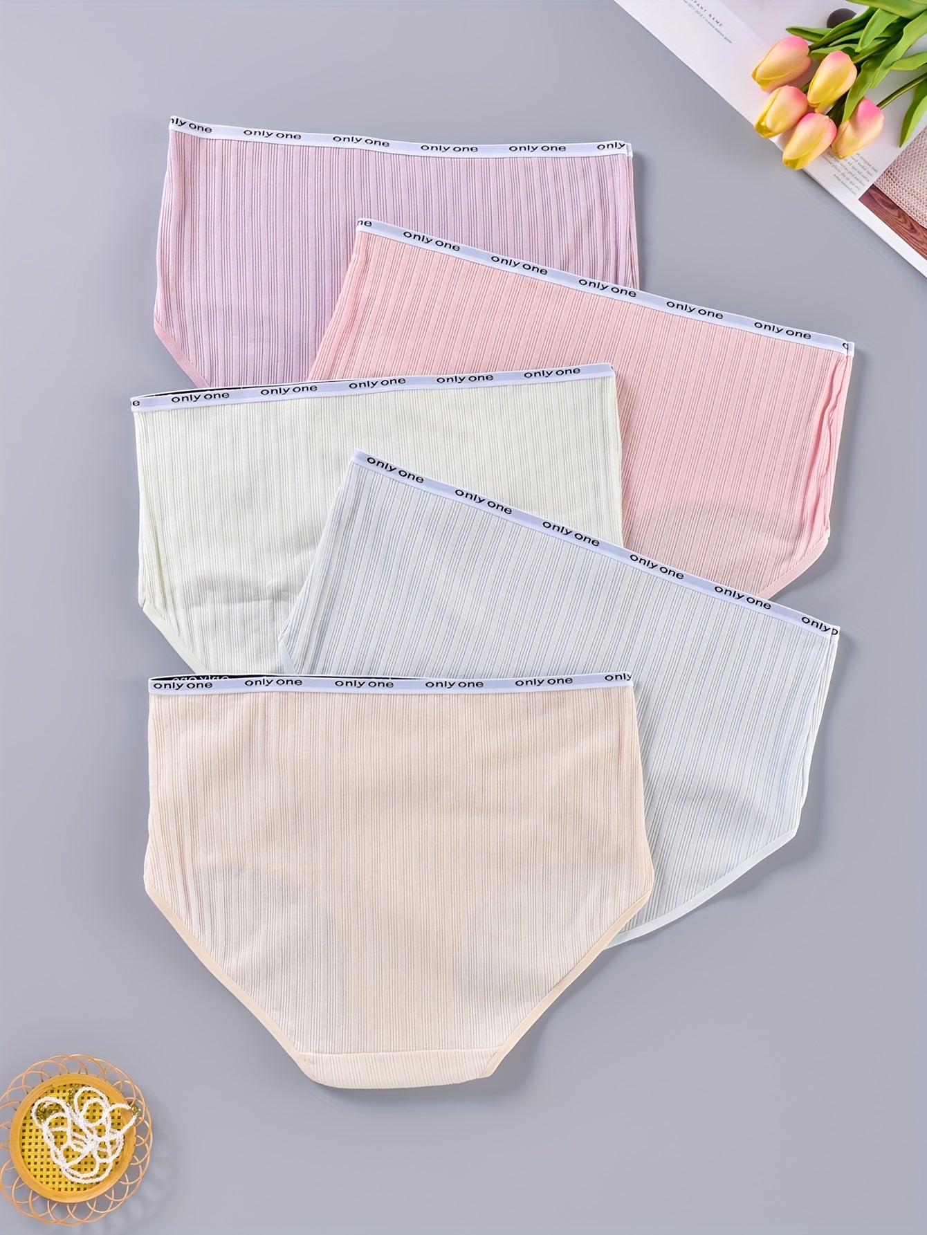 5 Pack Plus Size Panties Set Women's Plus Ribbed Letter Tape Trim Briefs