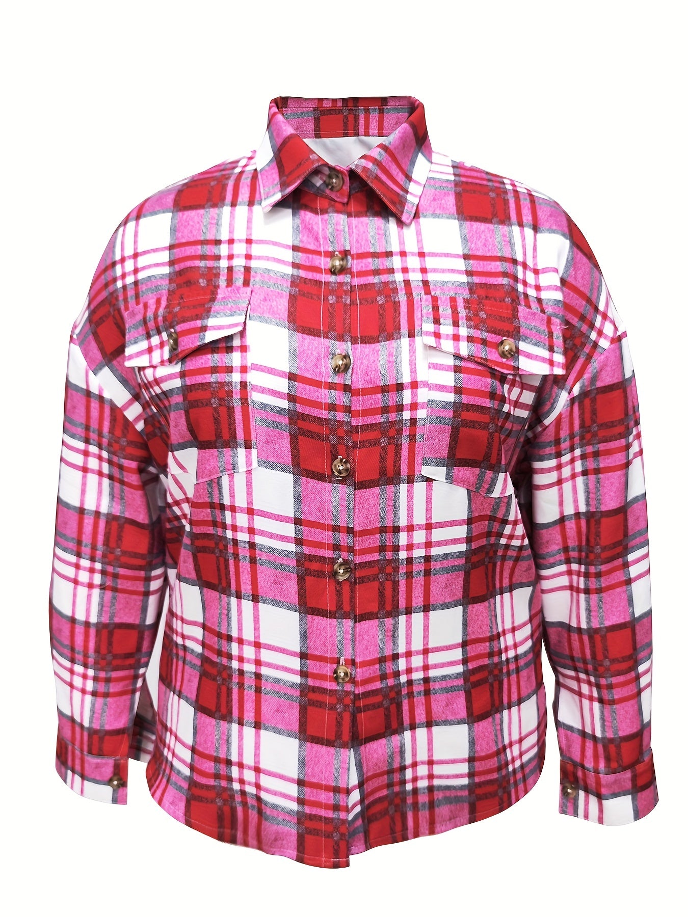  Plaid Print Long Sleeve Button Up Blouse