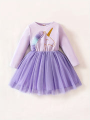 Girls Unicorn Cartoon Print Long Sleeve Tutu Dress