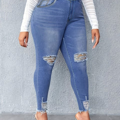  Washed Ripped Fringe Trim Skinny Jeans