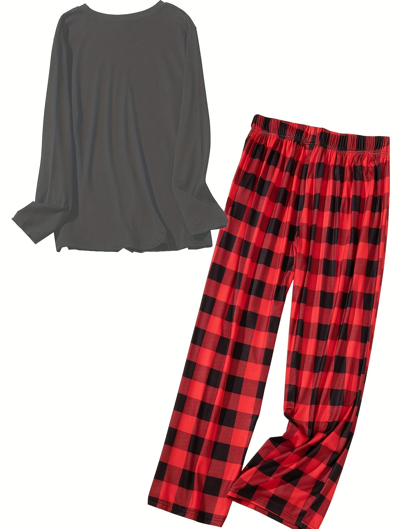  Christmas Lounge Set Snowman & Elk Print Long Sleeve Tee & Plaid Pants