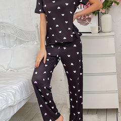 Heart Print Pajama Set Short Sleeve Top & Pants Women's Sleepwear