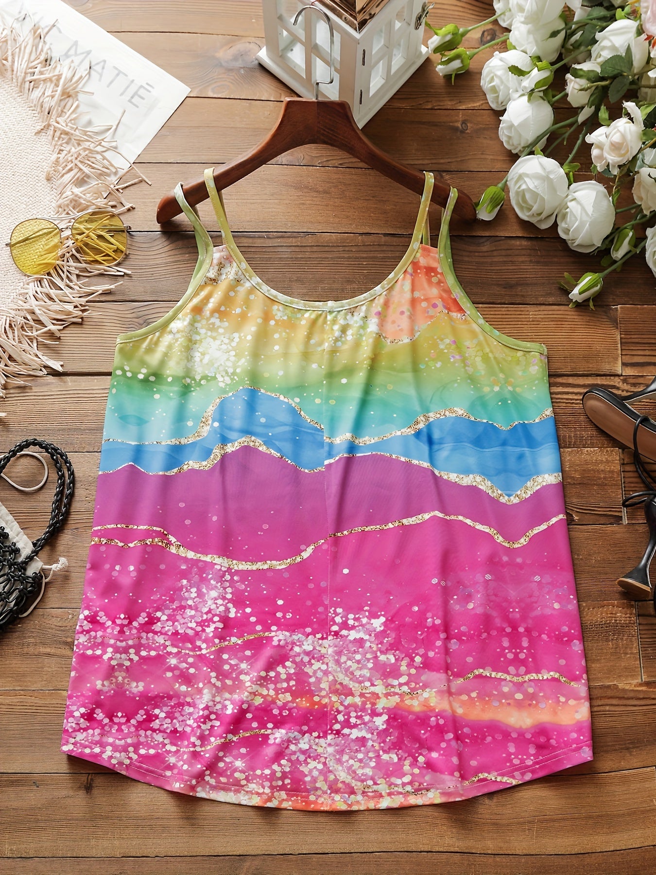  Marble Print Split Strap Tank Top