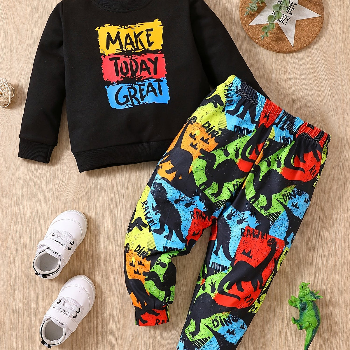 2pcs Baby Boys Pullover Sweatshirt & Dinosaur Print Pants Set Kids Clothes