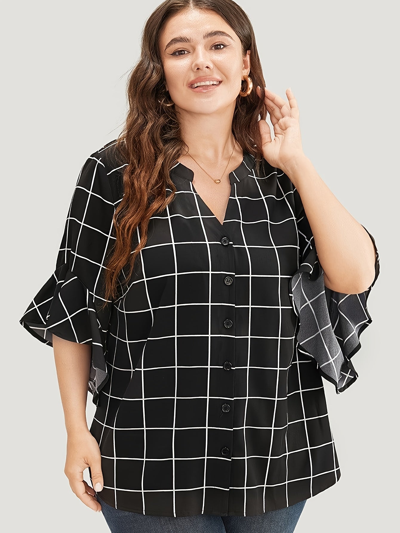  Grid Print Bell Sleeve Blouse