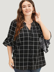  Grid Print Bell Sleeve Blouse