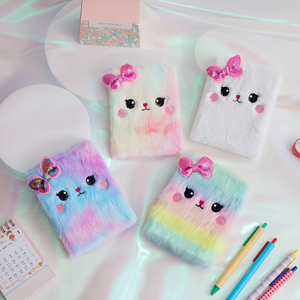 Cartoon Cat Plush Diary Notebook Faux Fur Journal for Teens & Adults