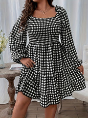  Gingham Print Lantern Sleeve Square Neck Dress