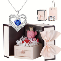 Hollow Love Heart Pendant Necklace Purple Zirconia Bear & Rose Flower Jewelry