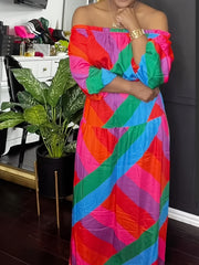  Colorblock Geometric Print Off Shoulder Dress