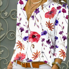  Floral Print Button Up Long Sleeve Blouse