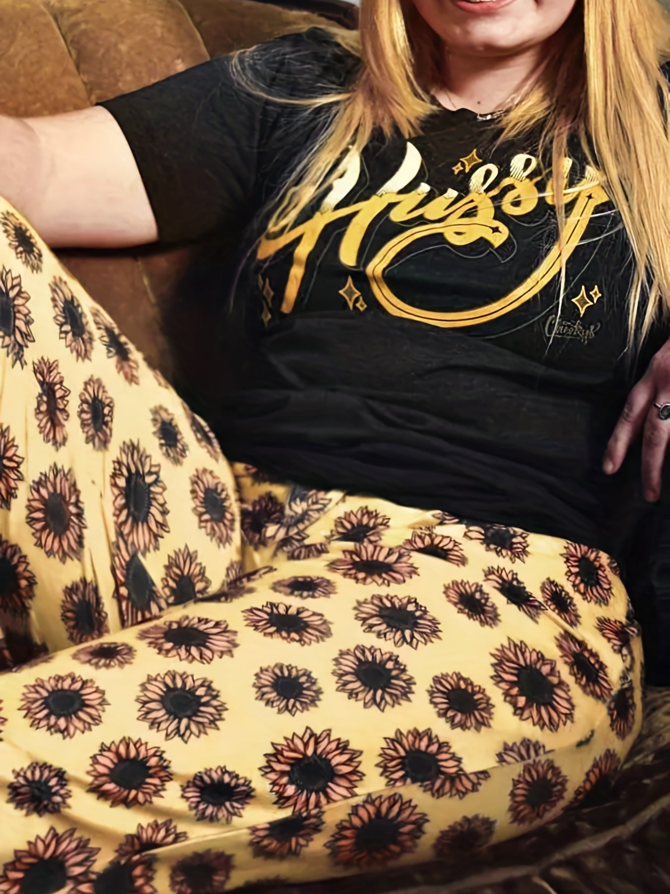 Sunflower Print Drawstring High Rise Casual Pants Plus Size
