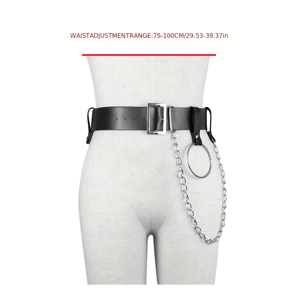 Punk Chain Ring Decor Belt PU Leather Waistband Gothic Adjustable Harness Belt
