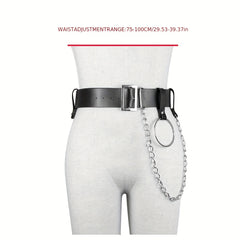 Punk Chain Ring Decor Belt PU Leather Waistband Gothic Adjustable Harness Belt