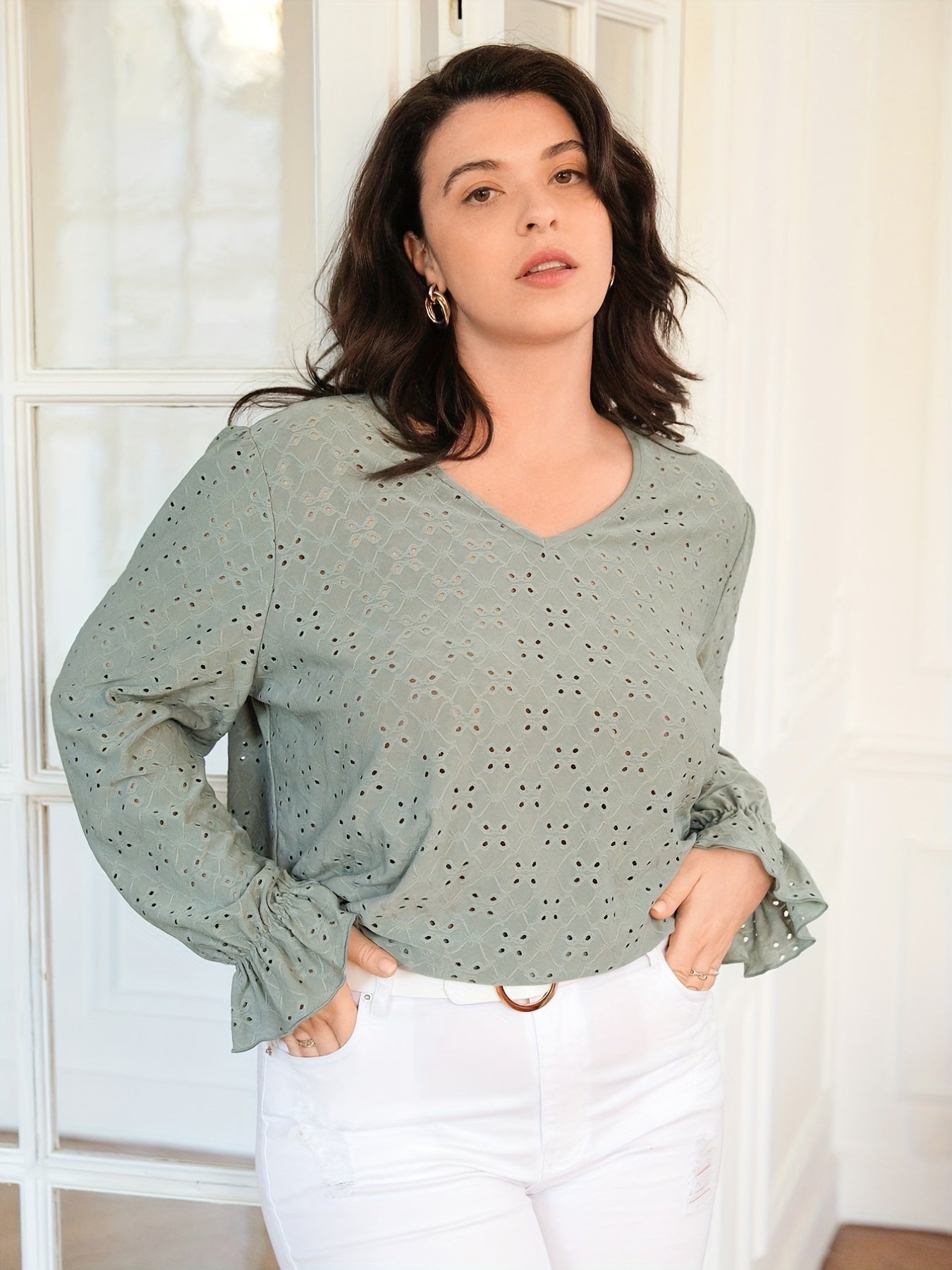  Boho Eyelet Sleeve V-Neck Blouse
