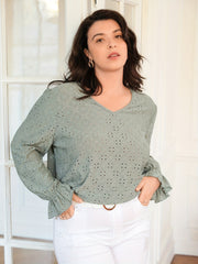  Boho Eyelet Sleeve V-Neck Blouse