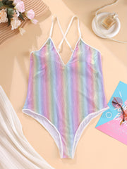  Rainbow Striped Crisscross Back Teddy Bodysuit
