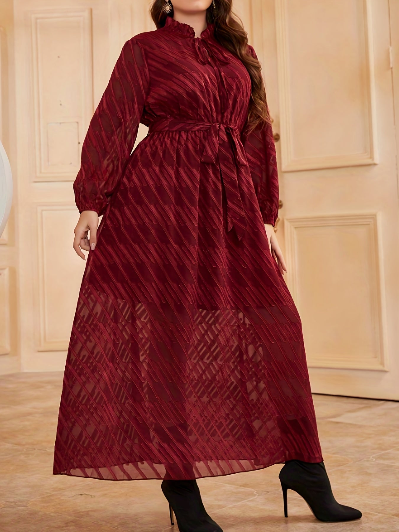  Women's Striped Lantern Sleeve Dress With Belt